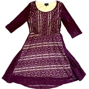 Auw Fit And Flare A-Line Knee Length Midi Dress Burgundy Lace 3/4 Sleeve Size M